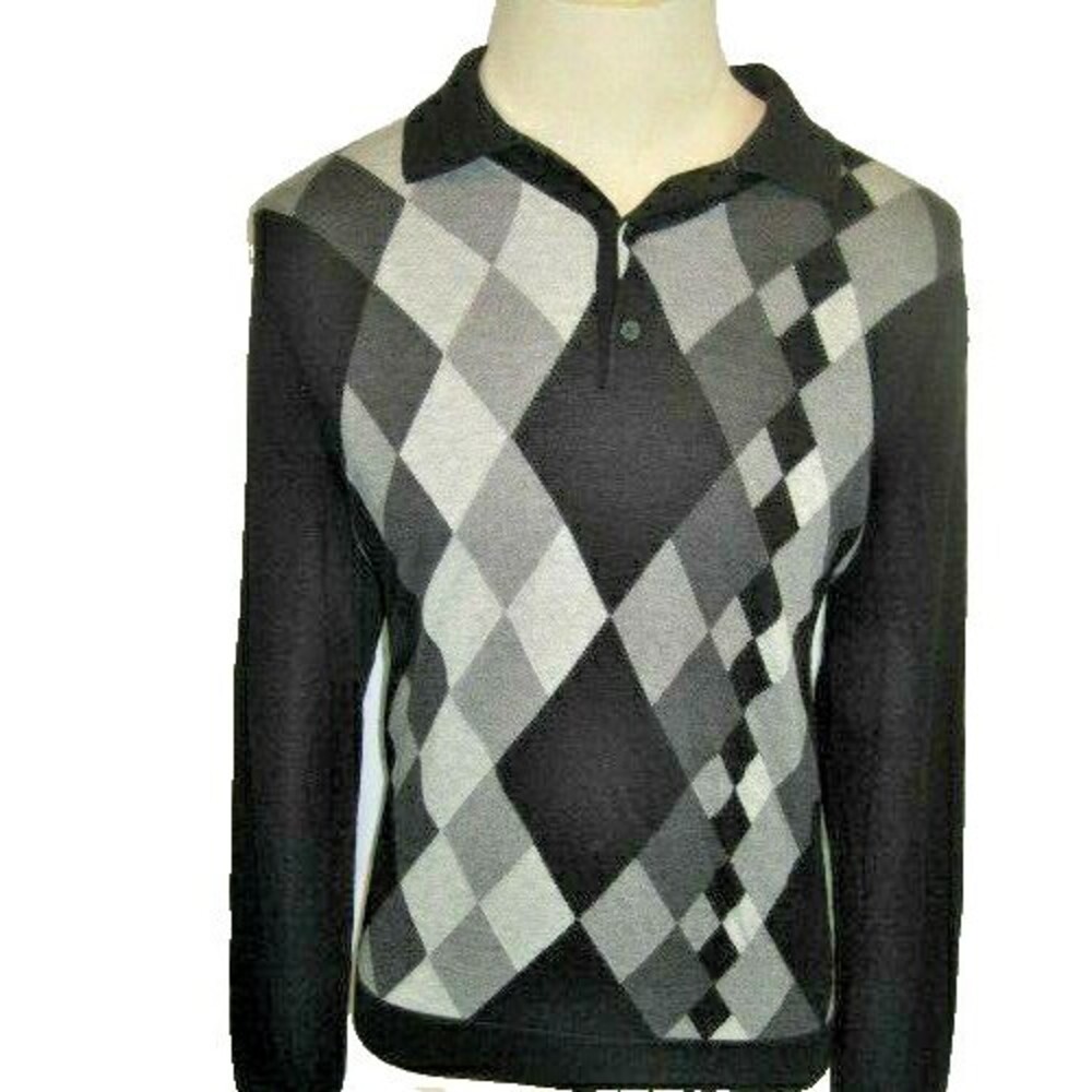Mens Perry Ellis Black/Gray Argyle LS 1/4 Button Pullover Sweater Shirt sz M